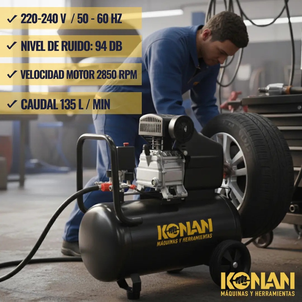 Compresor De Aire Con Kit Konan 40 Lts 2hp 8 Bar 135 L/min Doble Salida Manometro Monofasico Negro 50 Hz Monofásica