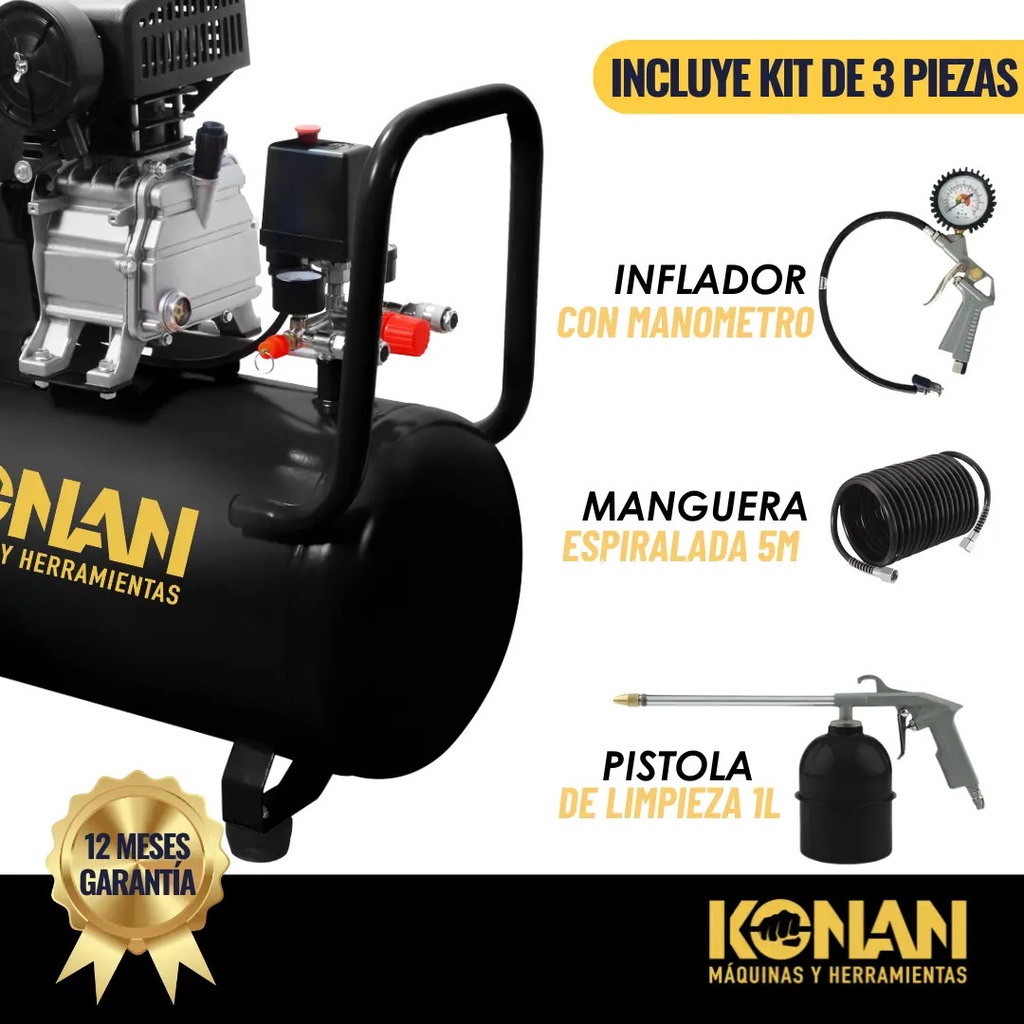 Compresor De Aire Con Kit Konan 40 Lts 2hp 8 Bar 135 L/min Doble Salida Manometro Monofasico Negro 50 Hz Monofásica