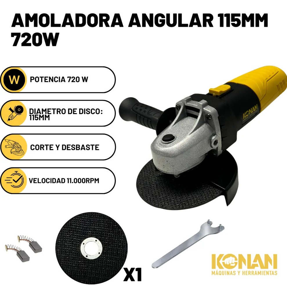 Amoladora Angular Konan 115mm 720w Corte Y Desbaste Eléctrica Amarillo Y Negro 50