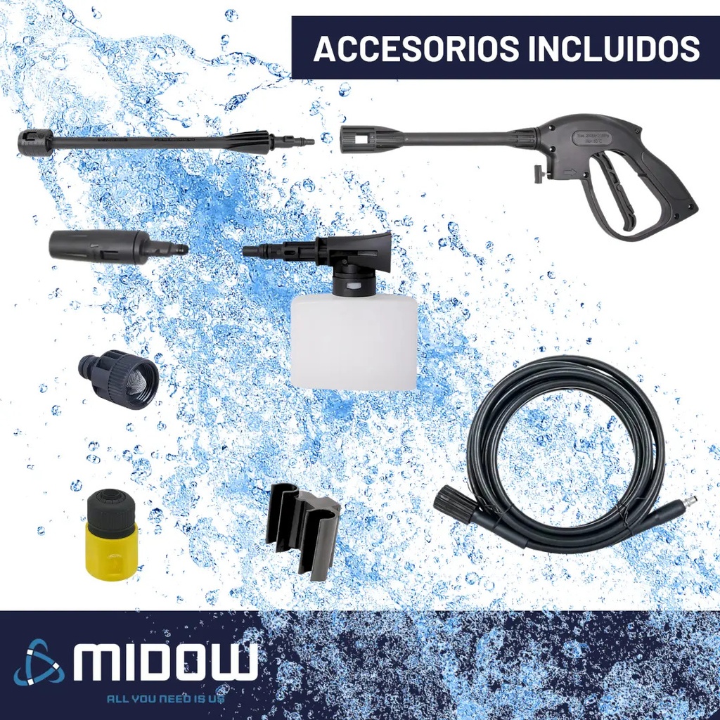 Hidrolavadora Midow 1300w 105 Bar Caudal 360 L/h Accesorios Celeste 50hz