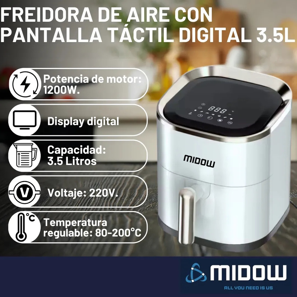 Freidora De Aire Sin Aceite Midow 3.5 Lts 1200w Display Led Negro