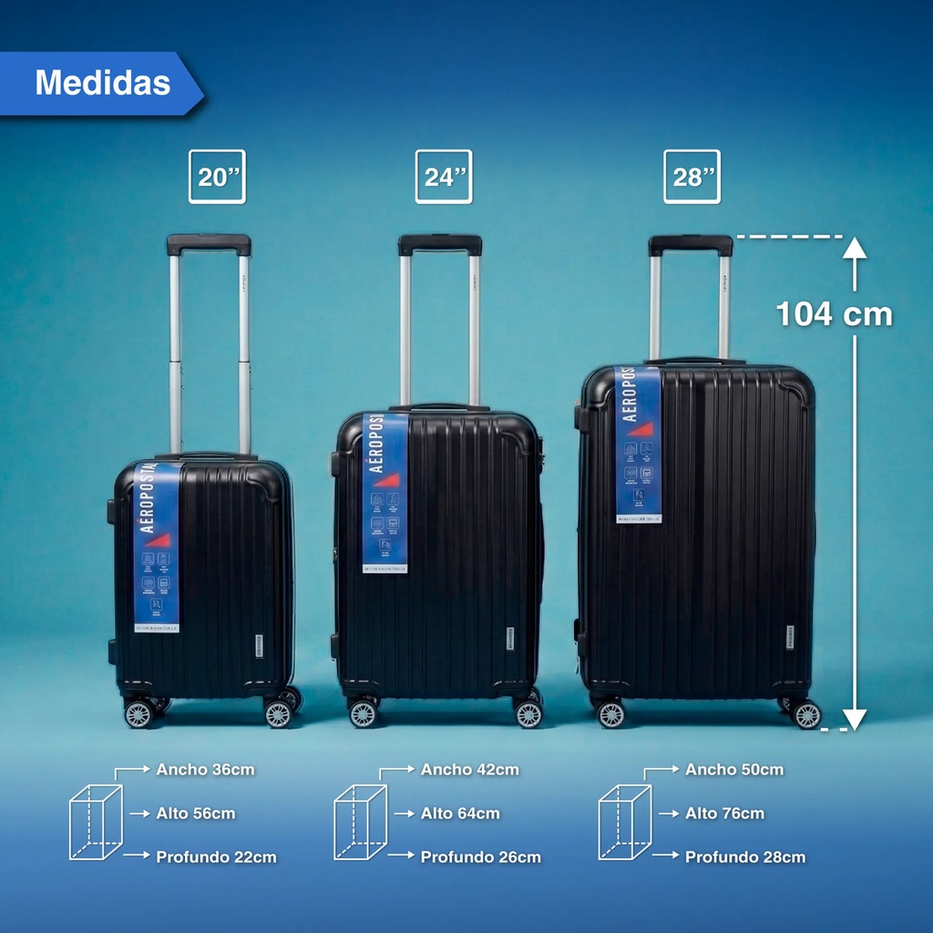 Set 3 Valijas Rig Aeropostable 20 24 28 C/black Ruedas 360 Negro Rayas