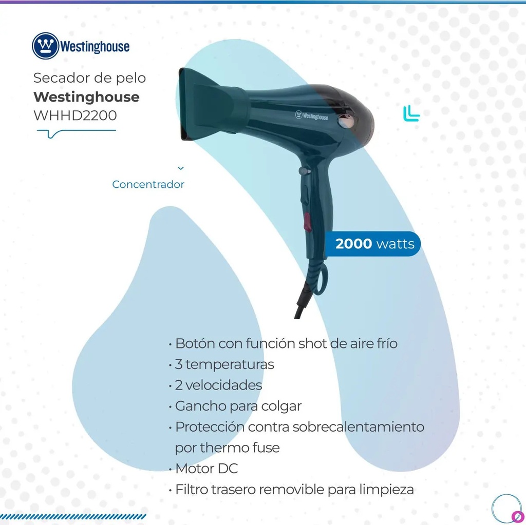 Secador De Pelo Westinghouse 2000w 3 Temperaturas Lh Color Negro