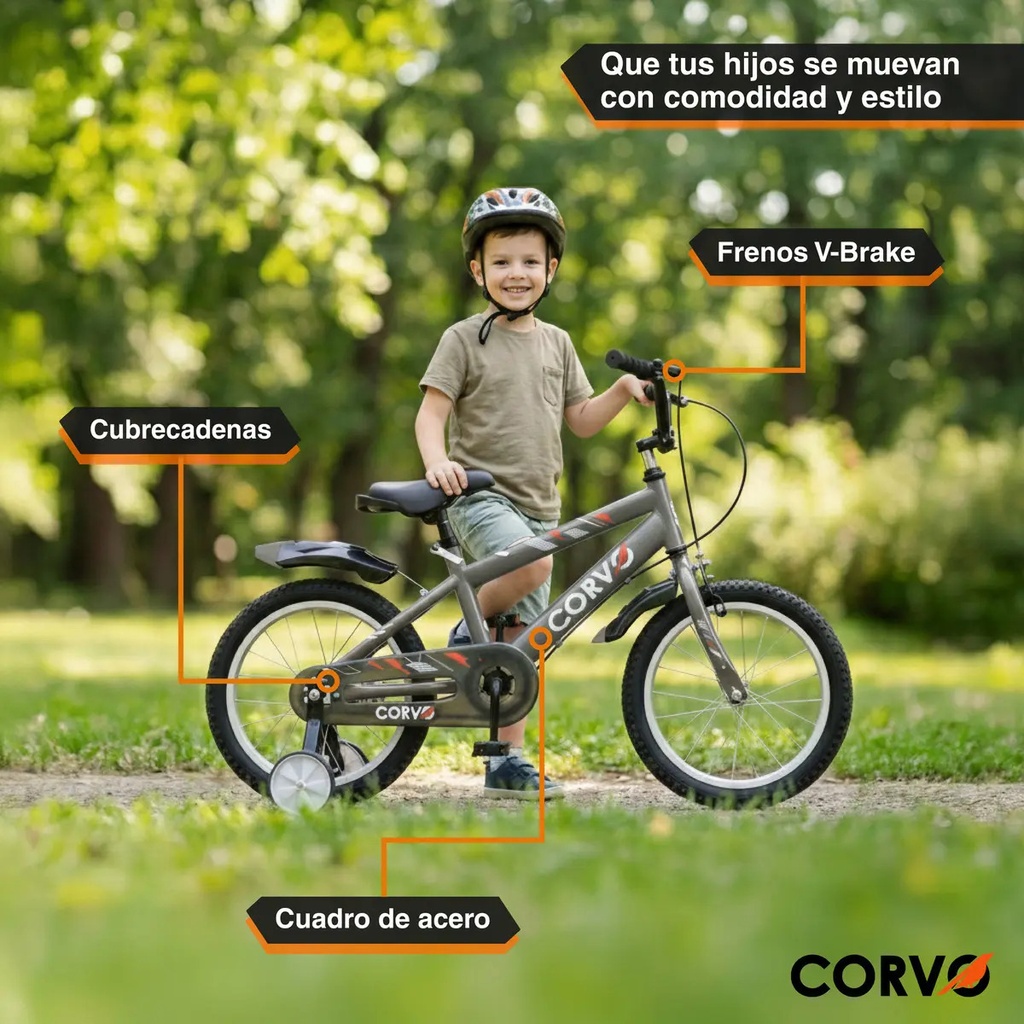 Bicicleta Infantil Corvo Rodado 16 Rueditas Acero Gris 16