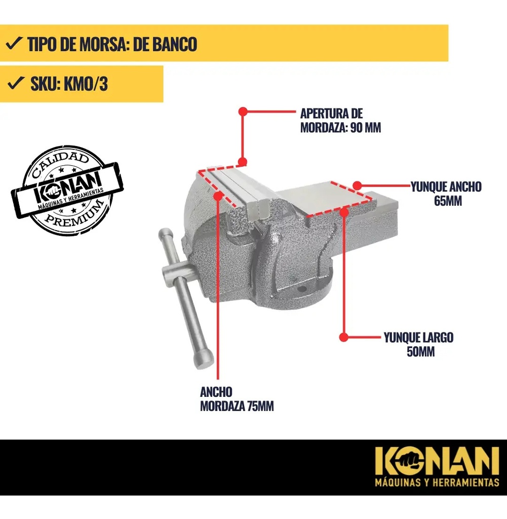 Morsa De Banco Konan Kmo/3 90x75mm Con Yunque Profesional Fija Gris