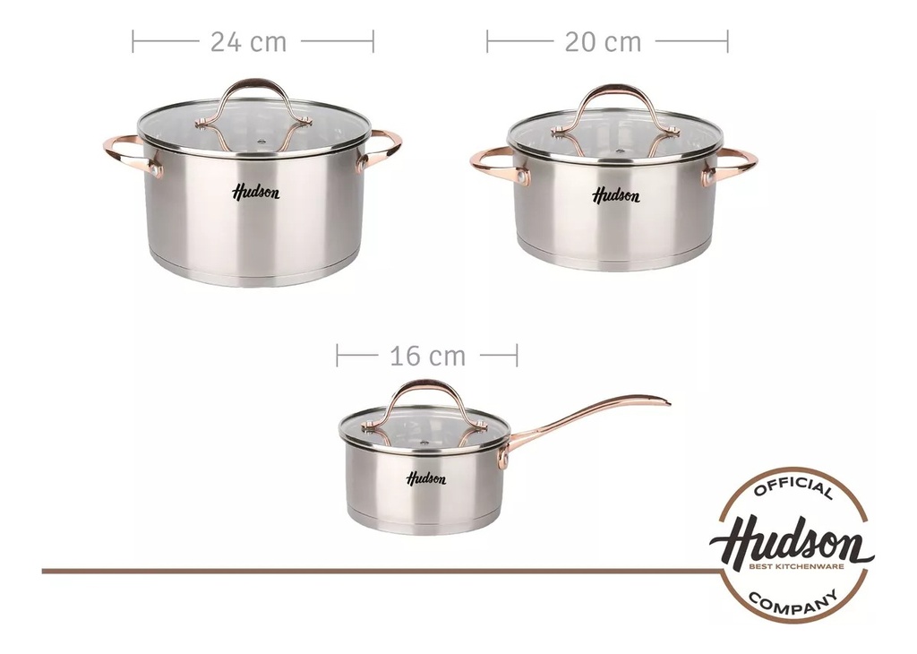 Set 3 Ollas Cacerolas Hudson Acero Inox Golden Inducción  Acero