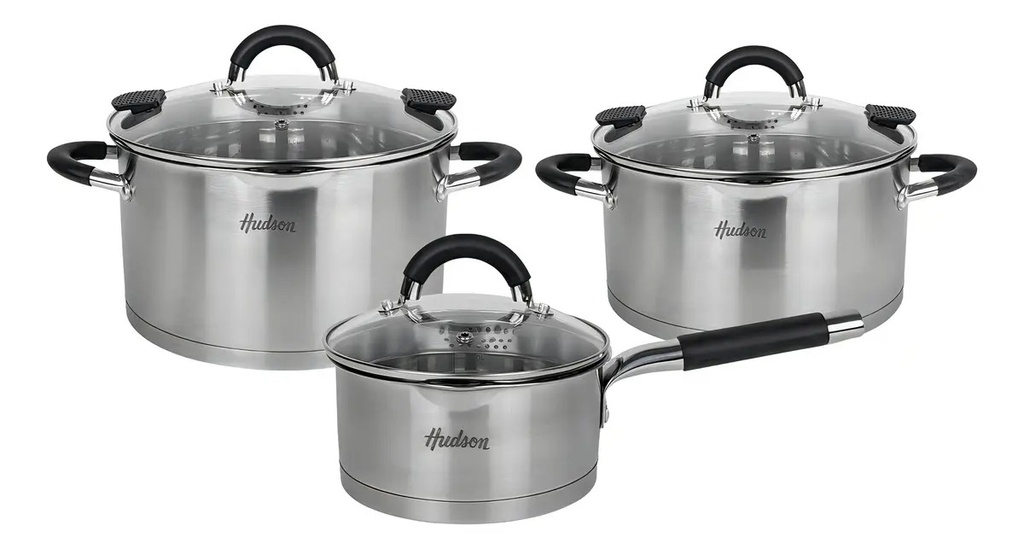 Juego 3 Ollas Acero Inoxidable Triple Fondo - Hudson 6 Pzas Color Plateado