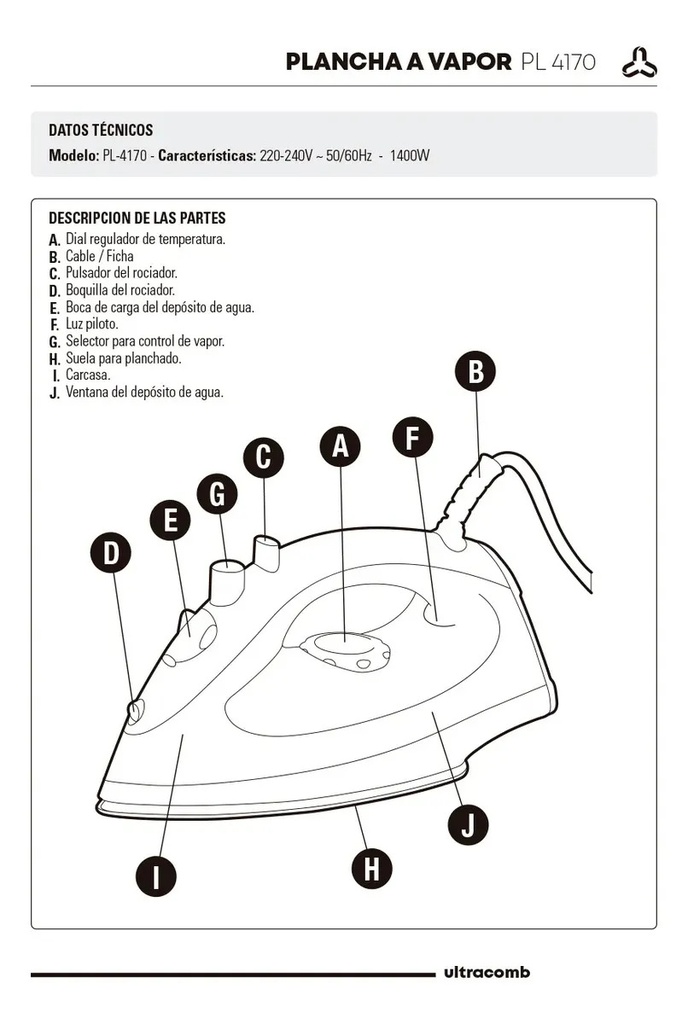 Plancha Vapor Ultracomb 1400w Antiadherente Rociador Pl4170 Color Violeta 220 V