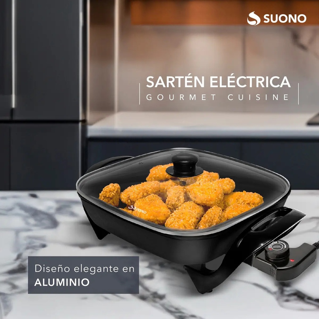 Sartén Olla Eléctrica Antiadherente Suono 1350 W Tapa Vidrio Color Negro 50 Hz 60 Hz