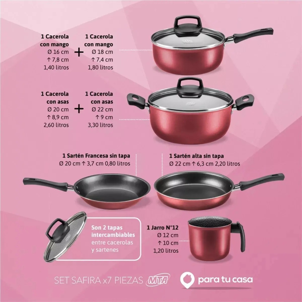 Batería Cocina Olla Cacerola Teflón Safira 7p Mta Ct Rojo