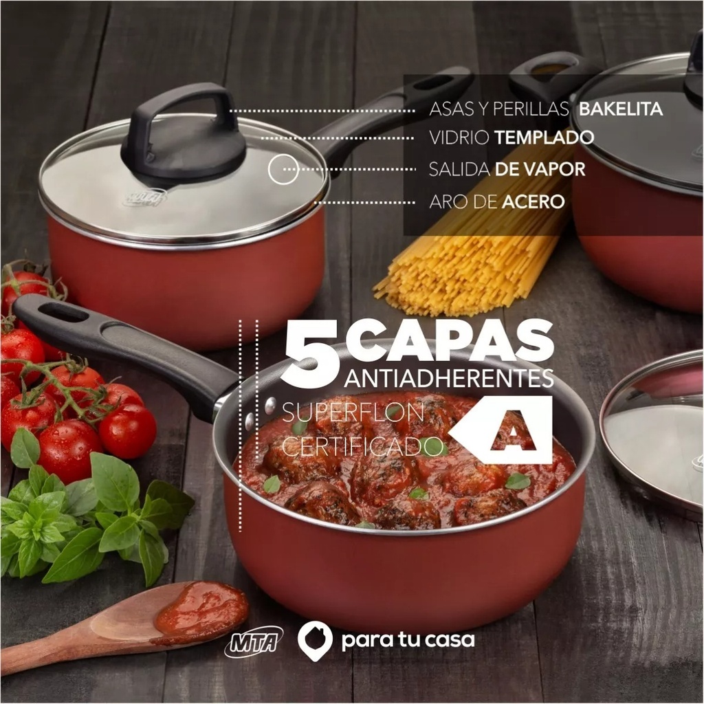 Batería Cocina Olla Cacerola Teflón Safira 7p Mta Ct Rojo