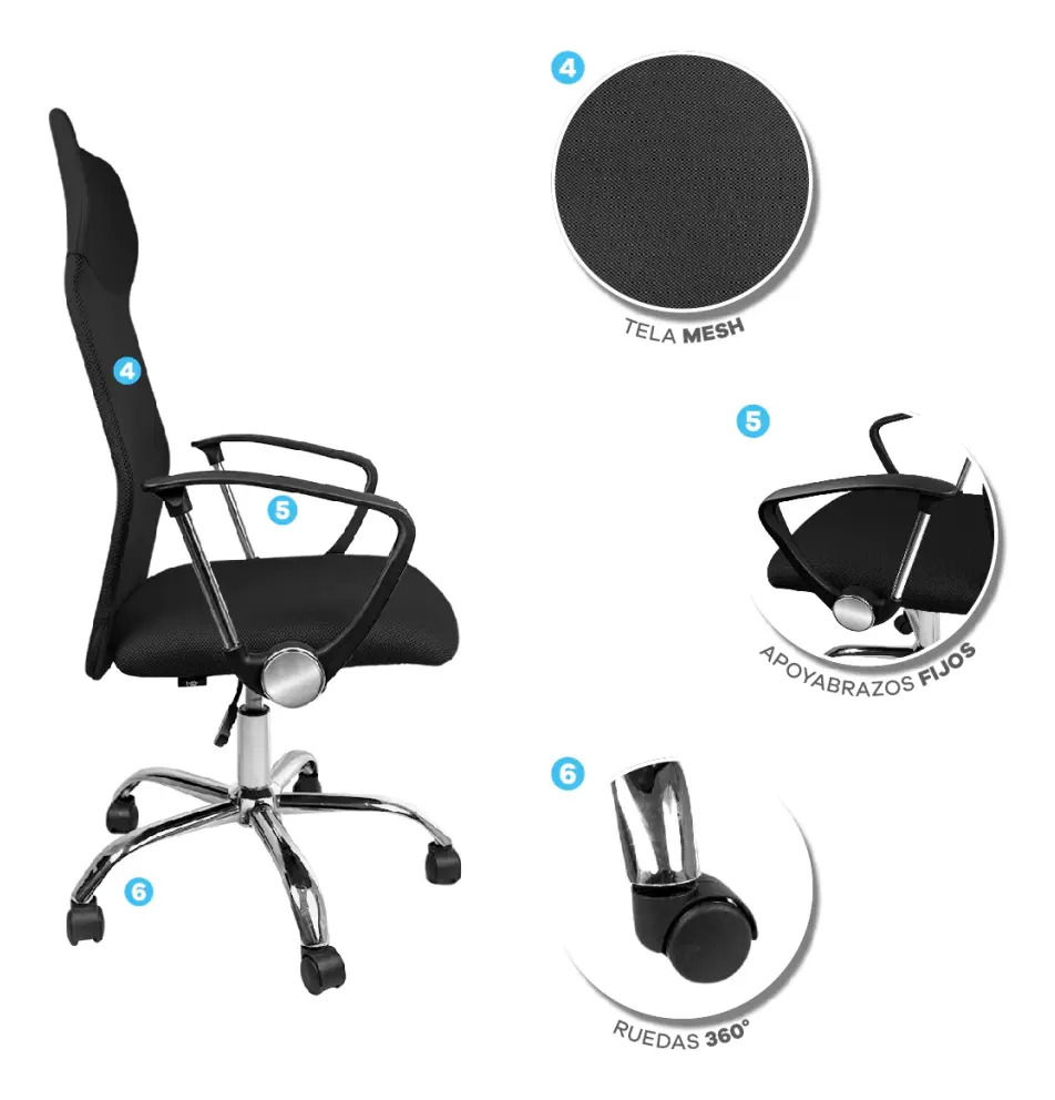 Silla De Oficina Mesh Eco Espaldo Alto Soporte Lumbar - Negro - Cuero Sintético/mesh