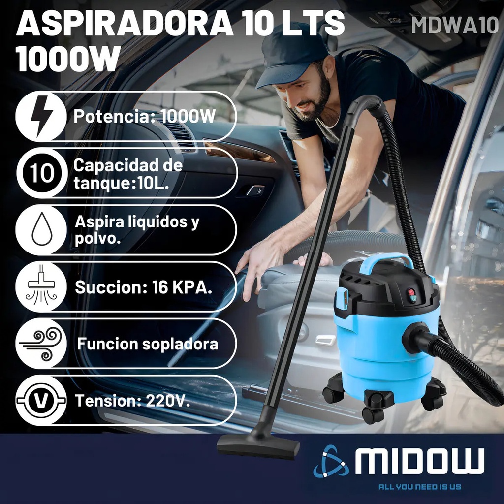 Aspiradora sopl. 1000W 10Lts. Liq. Polv. MDWA10
