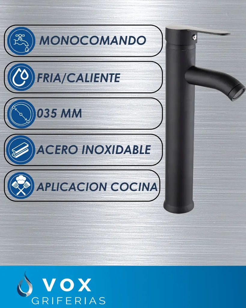 Grifería Cocina Monoco Acero Inox Ø40 Negro IC0601(V25105SB)