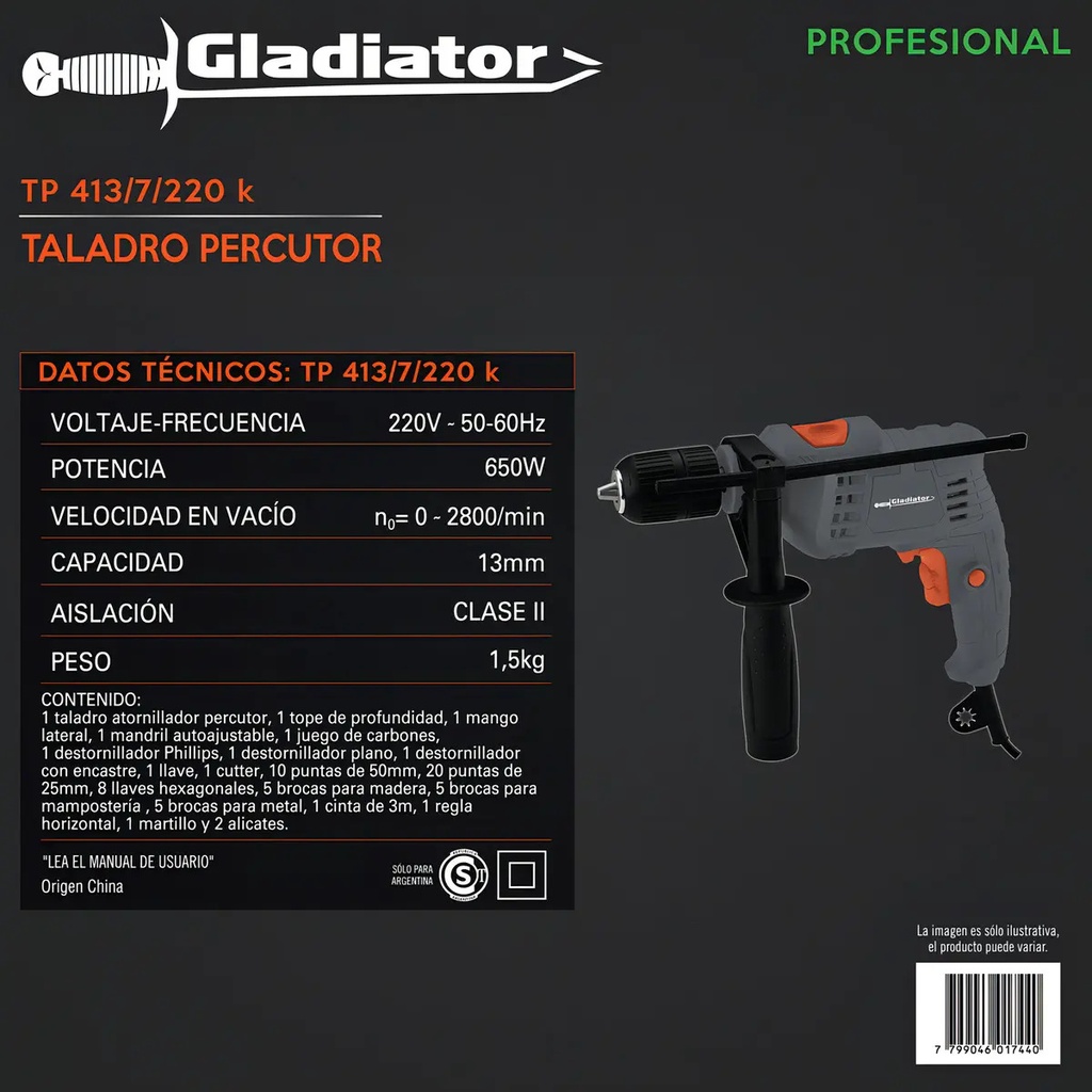 Taladro Percutor 13mm 650w + Kit Herramientas 122pcs+maletin Color Gris Frecuencia 50hz