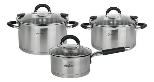 [5134] Juego 3 Ollas Acero Inoxidable Triple Fondo - Hudson 6 Pzas Color Plateado