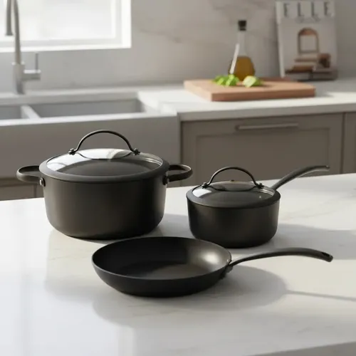 [5133] Set Olla Cacerola Sartén Hudson Tbk01 Total Black Inducción 5 Pzs Color Negro
