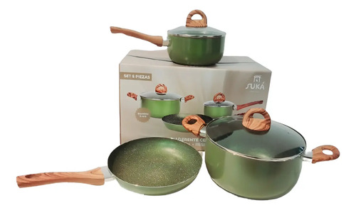 [5225] Juego Ollas Suka Teflon Granito Verde Antiadherente 5pz. Verde Mango
