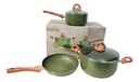 Juego Ollas Suka Teflon Granito Verde Antiadherente 5pz. Verde Mango