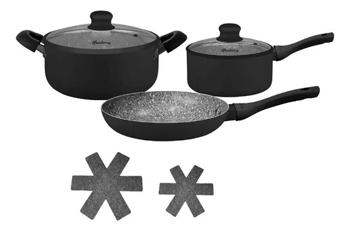 [5635] Set Olla Cacerola Sarten Hudson Granito 7 Pzs Antihaderente Granito Negro