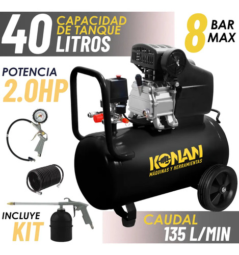 [7006] Compresor De Aire Con Kit Konan 40 Lts 2hp 8 Bar 135 L/min Doble Salida Manometro Monofasico Negro 50 Hz Monofásica