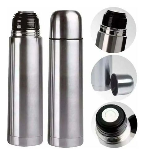 [5093] Termo Bala Acero Inox 1 Litro Doble Capa Termica Con Estuche Plateado
