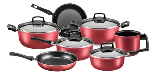 [2622] Batería Cocina Olla Cacerola Teflón Safira 7p Mta Ct Rojo
