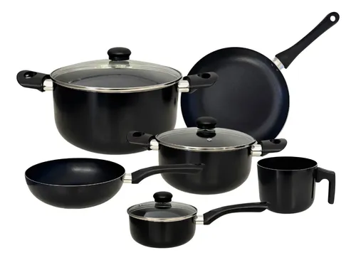 [5998] Bateria De Cocina 9 Piezas Midow Set Ollas Sarten Wok Teflon Negro