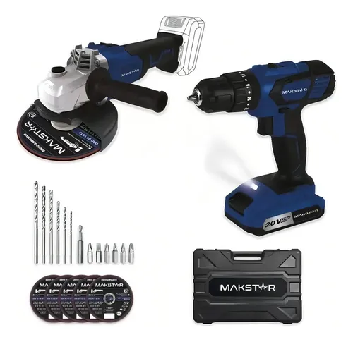 Kit Makstar Taladro Percutor Atornillador 20v + Amoladora 20v Inalámbrico Azul Y Negro