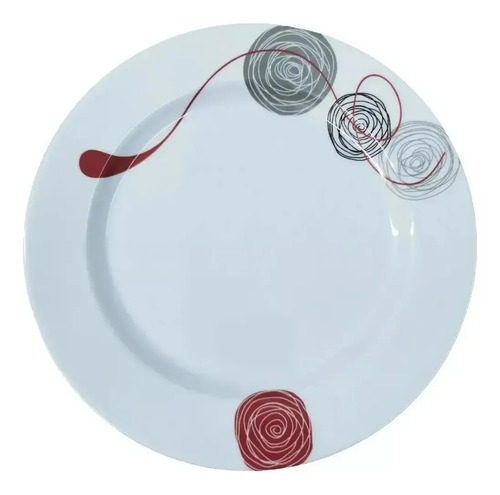 [7165] Plato Playo De Melamina X6 Unidades Diseños 25cm Color Gris Con Rojo Lisa Liso